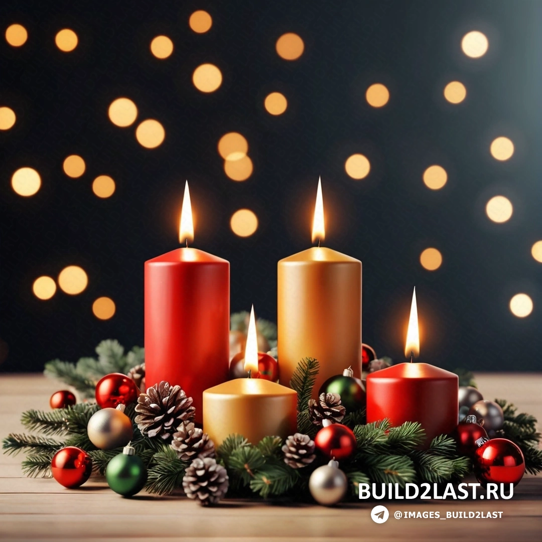 несколько свечей, на столе рядом с рождественскими украшениями и огнями на фоне букета огней