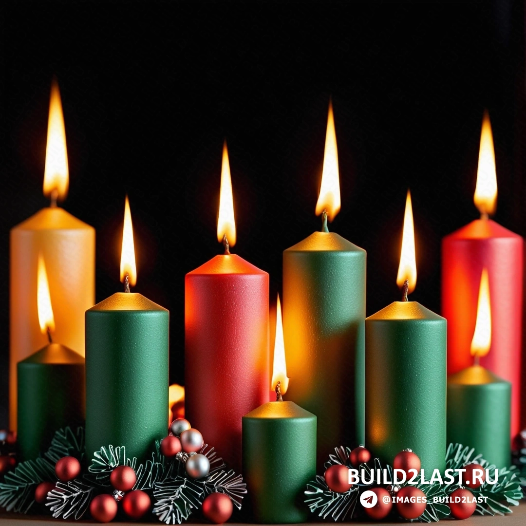 несколько свечей с рождественскими украшениями на столе с черным фоном и красно-зеленой свечой