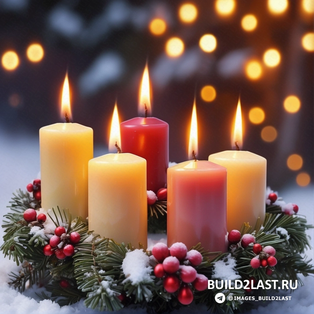 несколько свечей, на заснеженной земле, с рождественскими украшениями и огнями