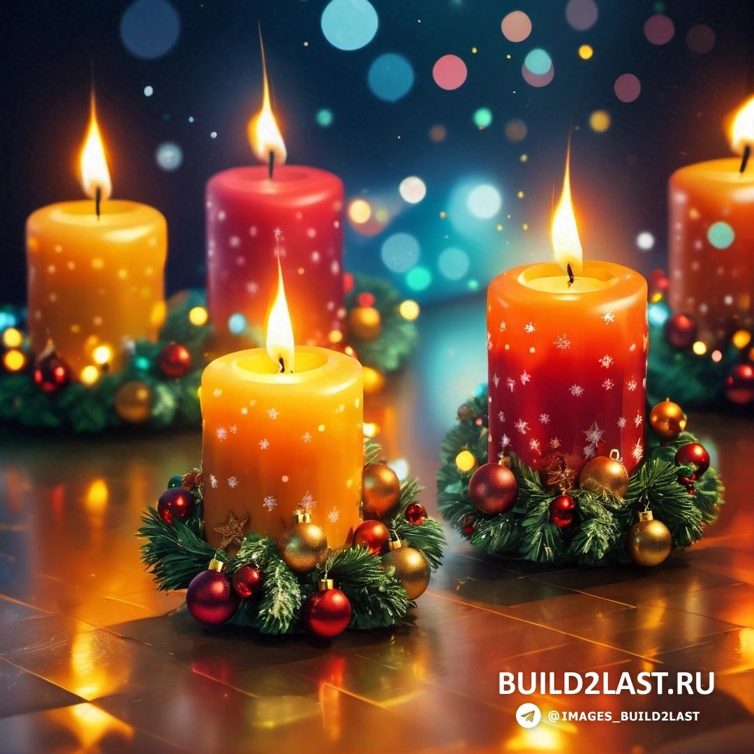 несколько свечей с рождественскими украшениями на столе с огнями и синим фоном