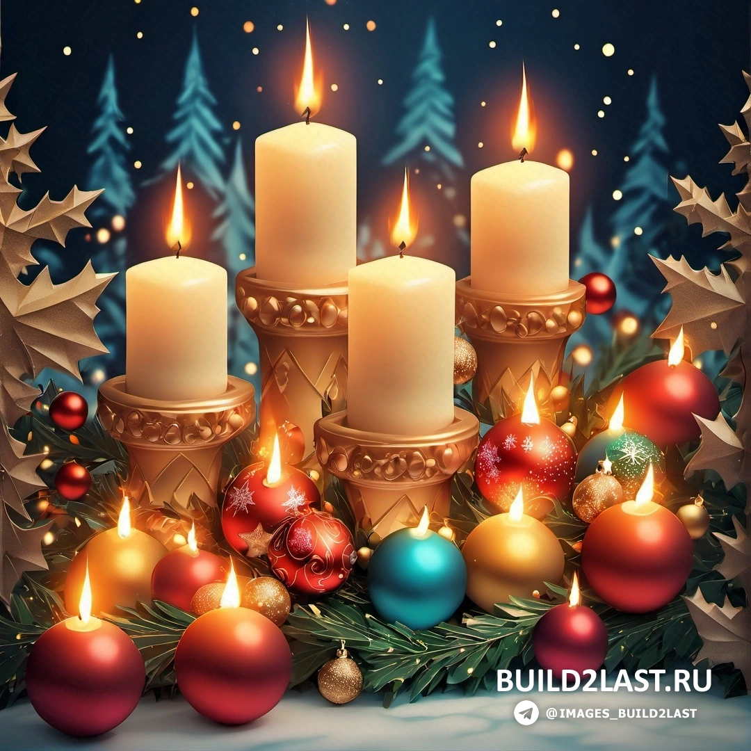 несколько свечей, на столе рядом с рождественскими украшениями