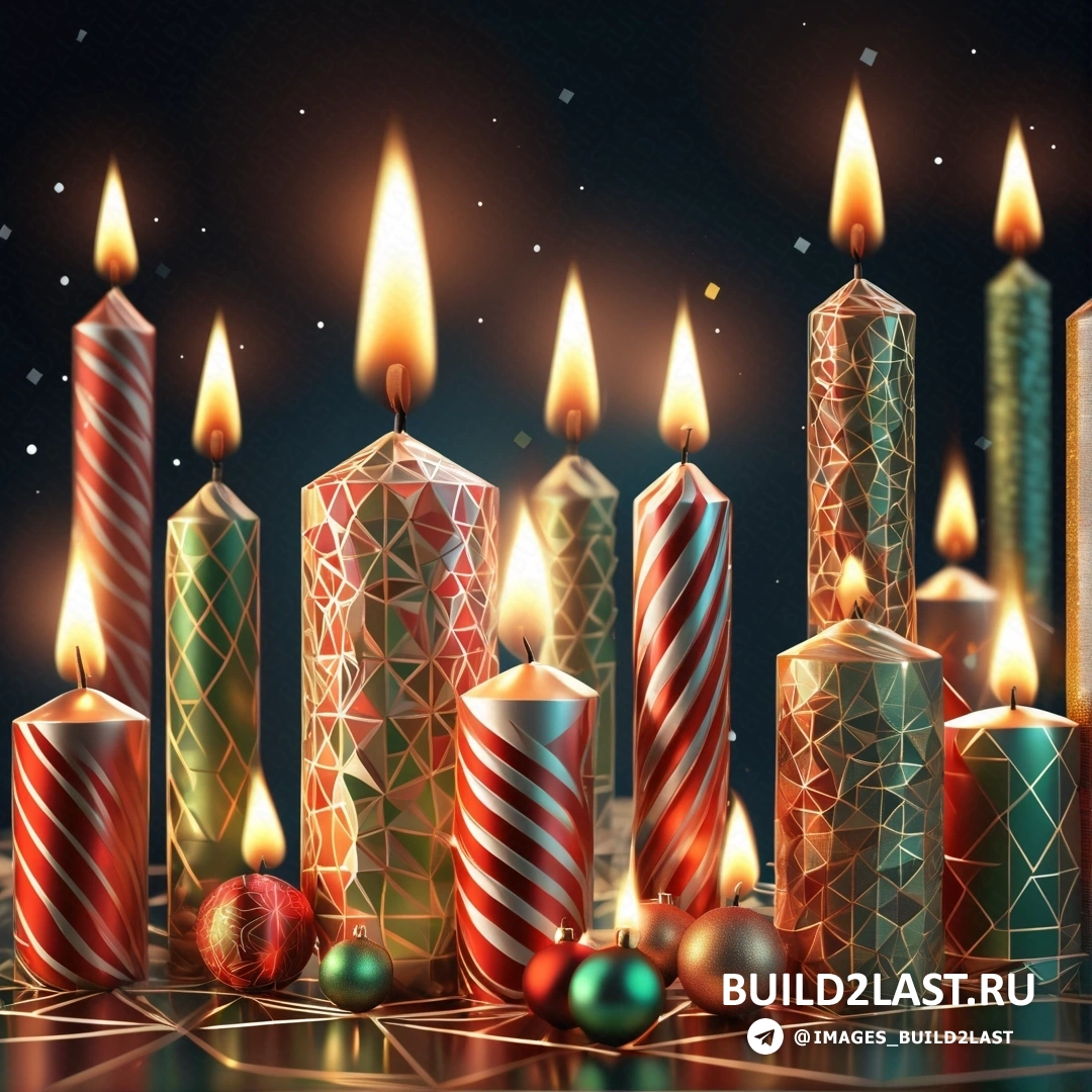 несколько свечей с рождественскими украшениями на столе с темным фоном и несколькими огнями