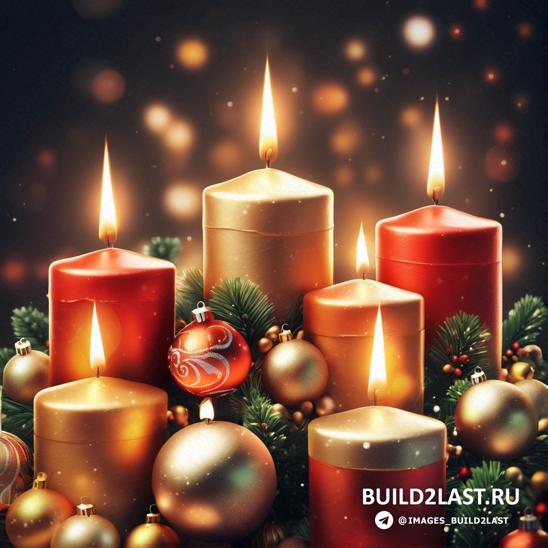 несколько свечей с рождественскими украшениями на столе с черным фоном и красно-золотой безделушкой