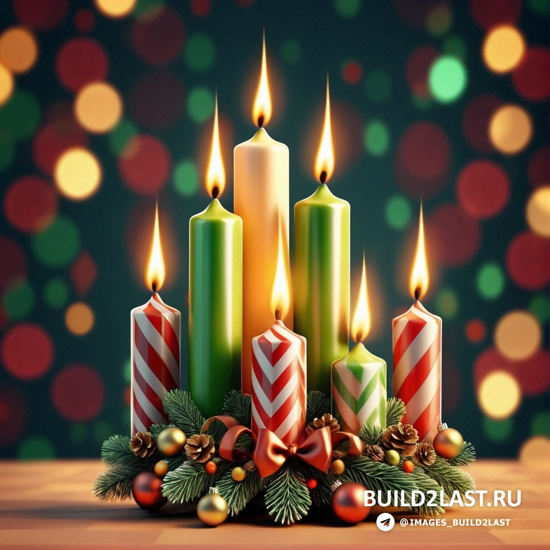 несколько свечей с рождественскими украшениями на столе с огнями