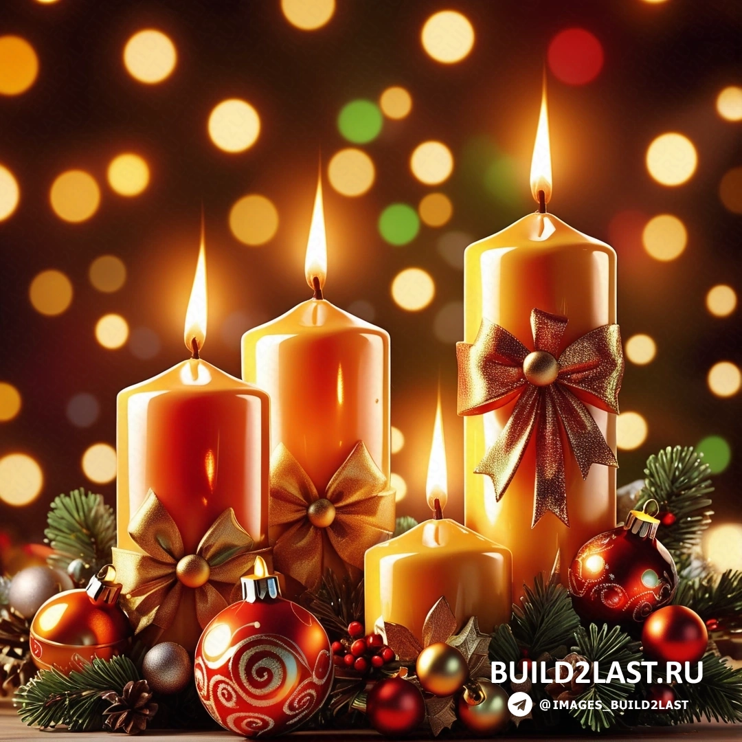 несколько свечей с рождественскими украшениями и огнями с боке огней