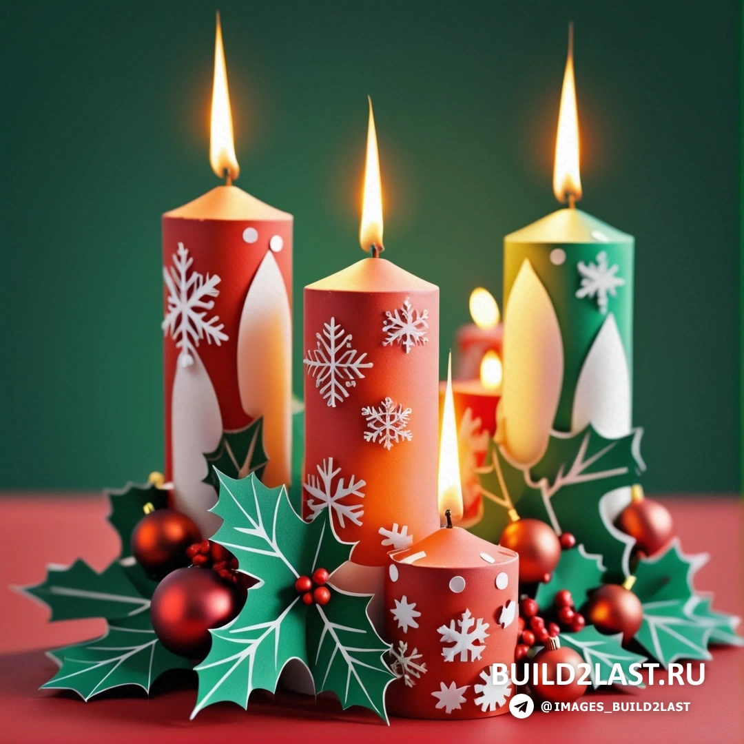 несколько свечей с рождественскими украшениями и подсвечник в середине подсвечника