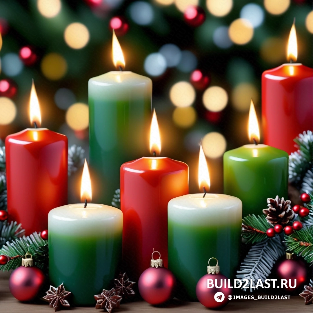 несколько свечей с рождественскими украшениями на столе с рождественской елкой с огнями