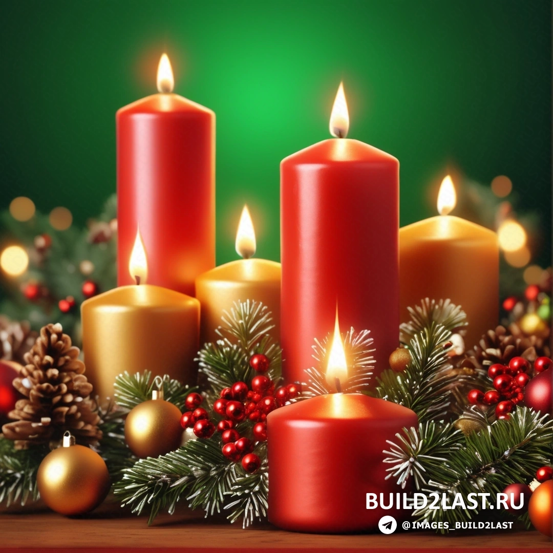 несколько свечей с рождественскими украшениями на столе с сосновыми шишками