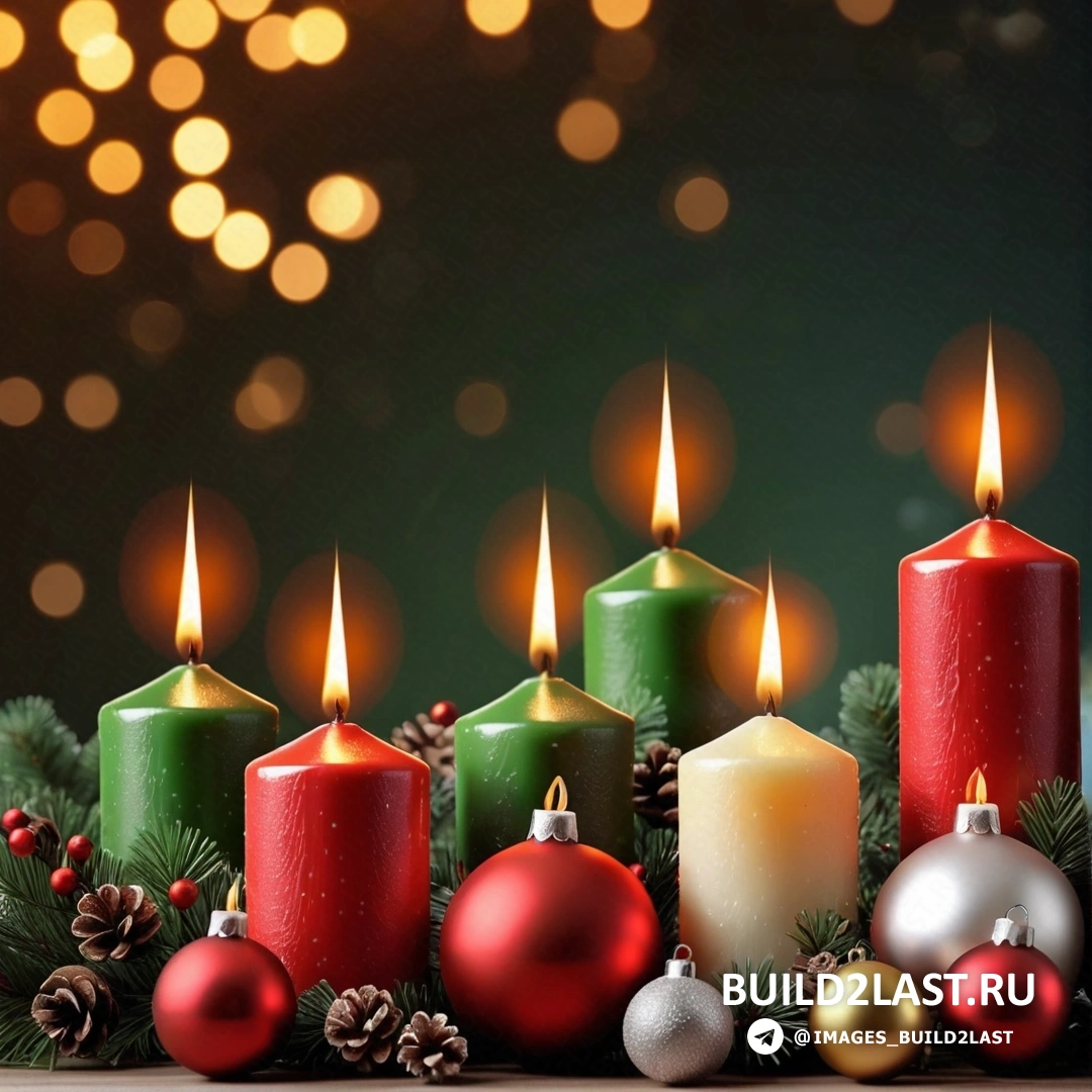 несколько свечей с рождественскими украшениями на столе с размытым фоном огней и гирляндой