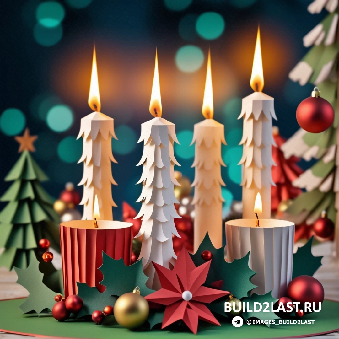 несколько свечей, на столе рядом с рождественскими украшениями и елками с огнями