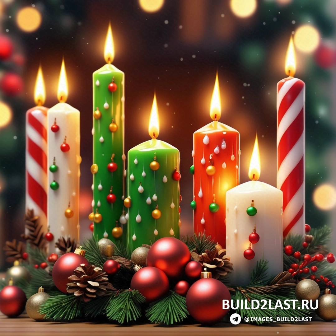 несколько свечей с рождественскими украшениями на столе рядом с елкой и огнями