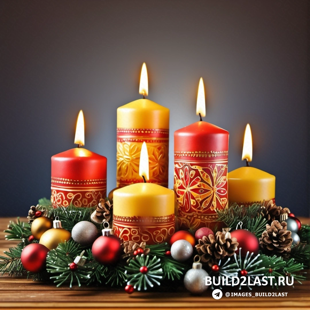несколько свечей с рождественскими украшениями на столе рядом с подсвечником со свечой