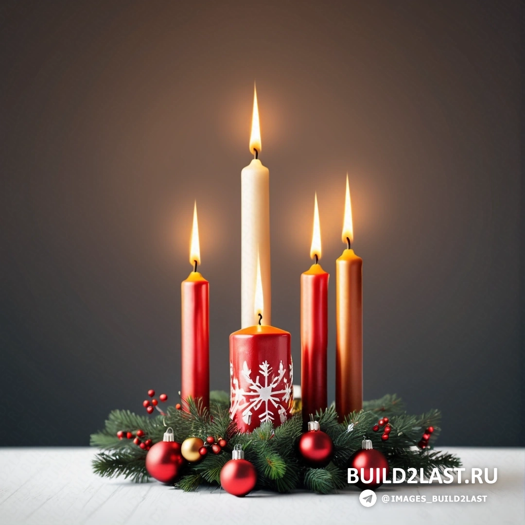 несколько свечей с рождественскими украшениями на столе с темным фоном и красной свечой