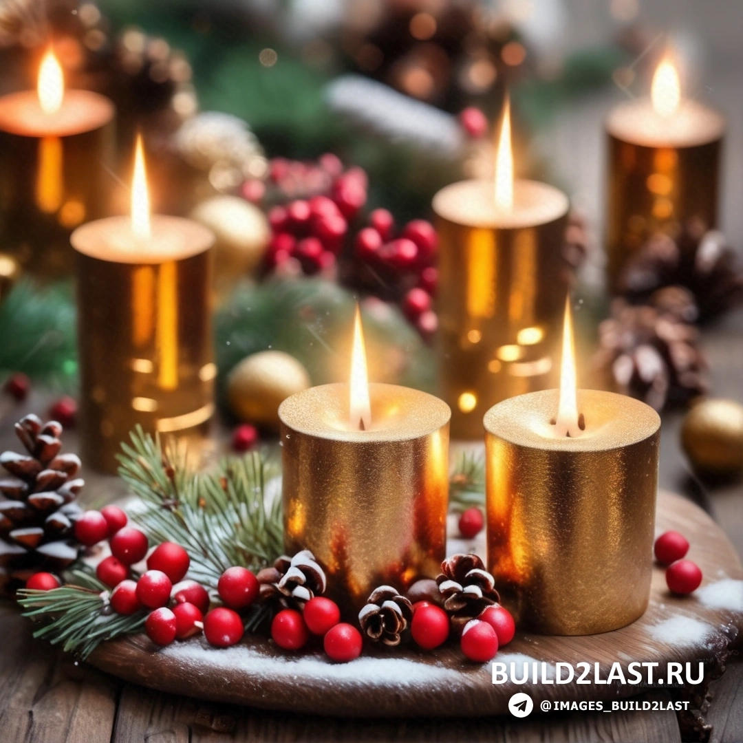несколько свечей, на деревянном столе рядом с рождественскими украшениями, сосновыми шишками и ягодами