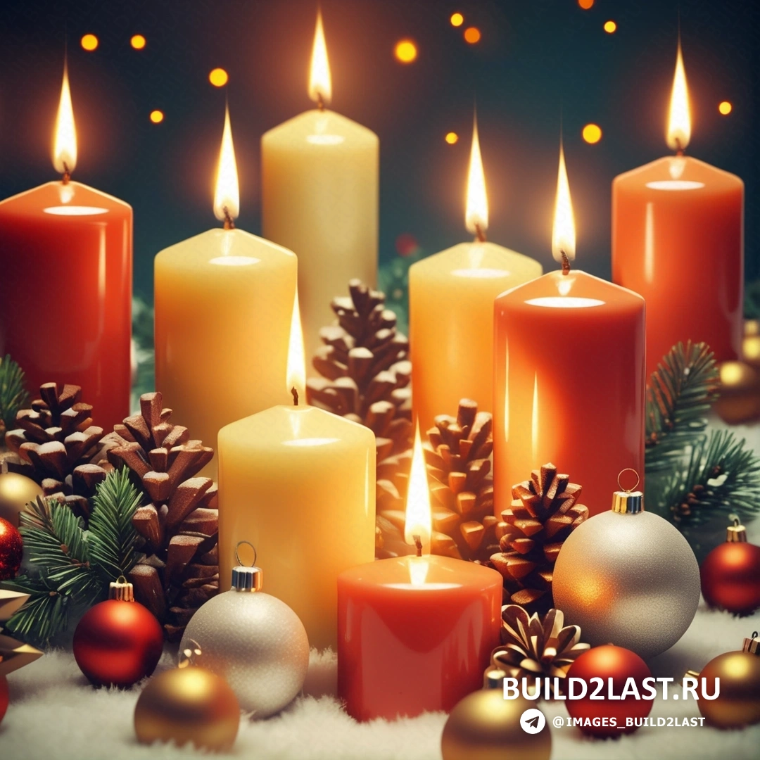 несколько свечей с рождественскими украшениями на столе с огнями, снегом на земле и сосновыми шишками