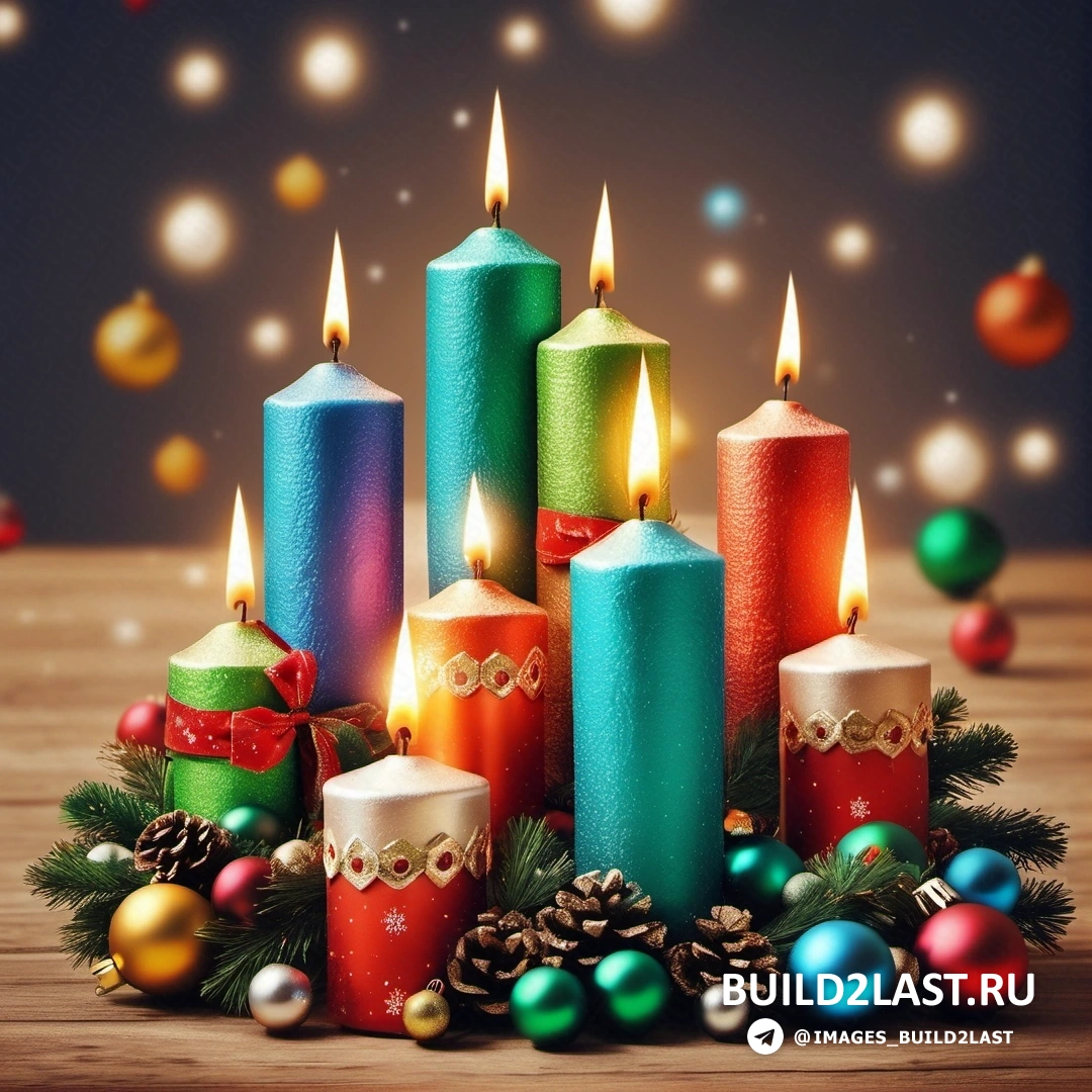 несколько свечей с рождественскими украшениями на столе с размытым фоном из шаров и огней