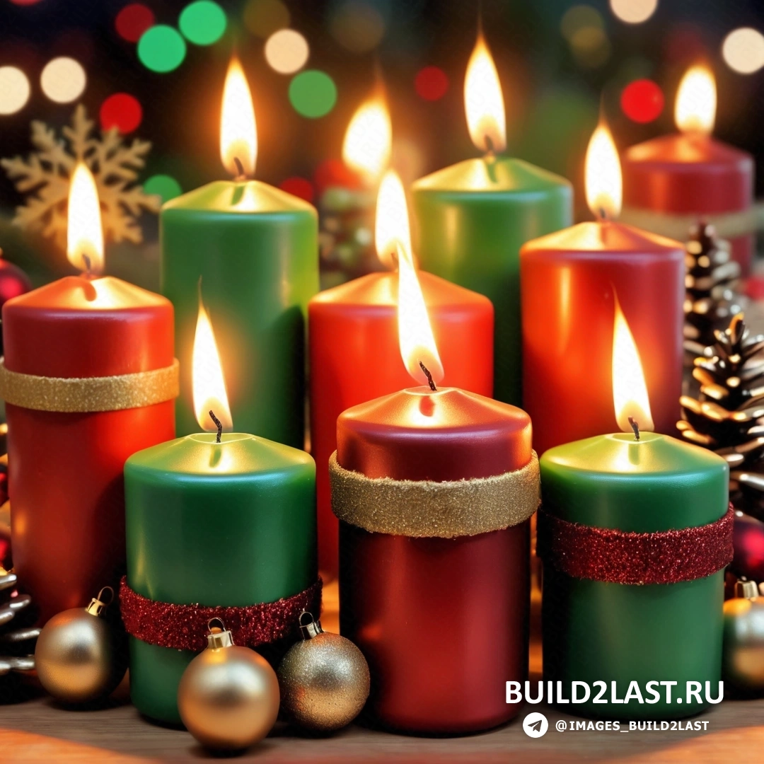 несколько свечей с рождественскими украшениями на столе с рождественской елкой и зажженной свечой посередине