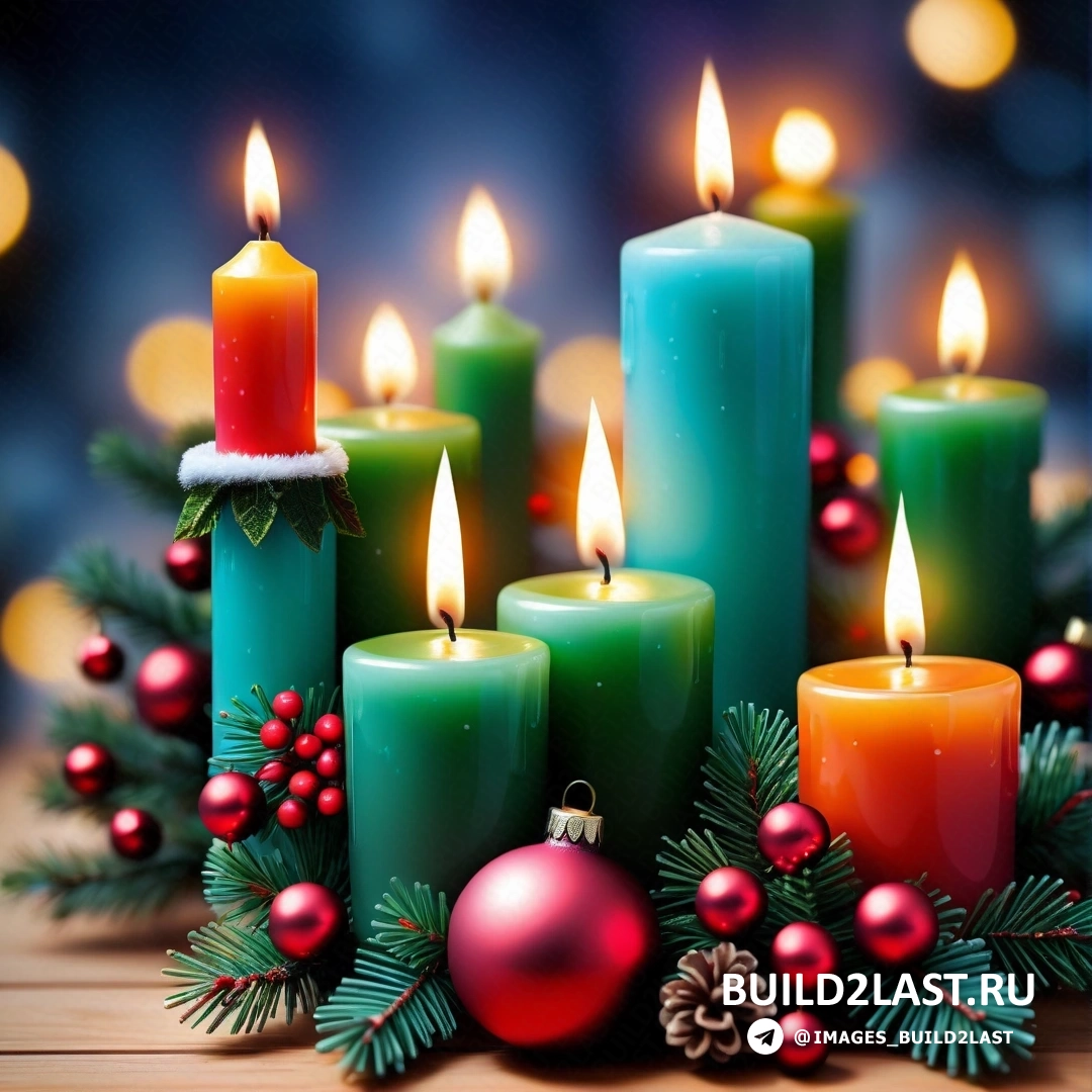 несколько свечей с рождественскими украшениями на столе с огнями и сосновой шишкой