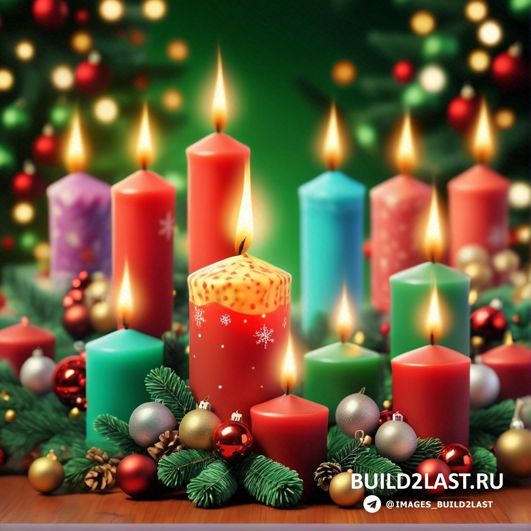 несколько свечей с рождественскими украшениями на столе с зеленым фоном и рождественской елкой