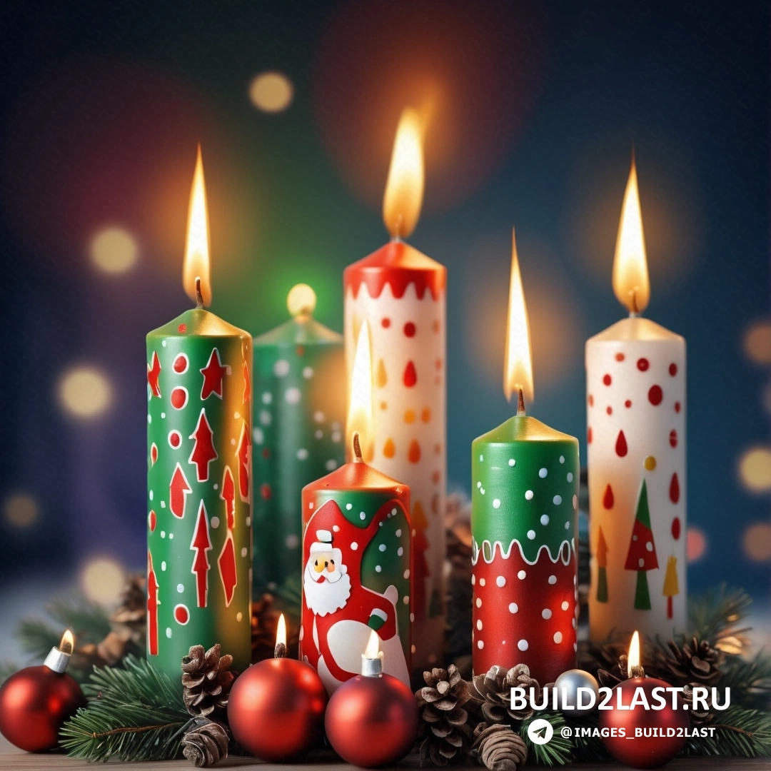 несколько свечей с рождественскими украшениями и рождественская елка с огнями