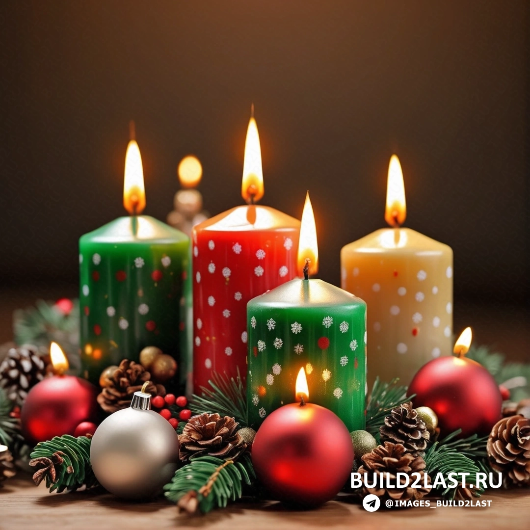 несколько свечей с рождественскими украшениями на столе с сосновыми шишками