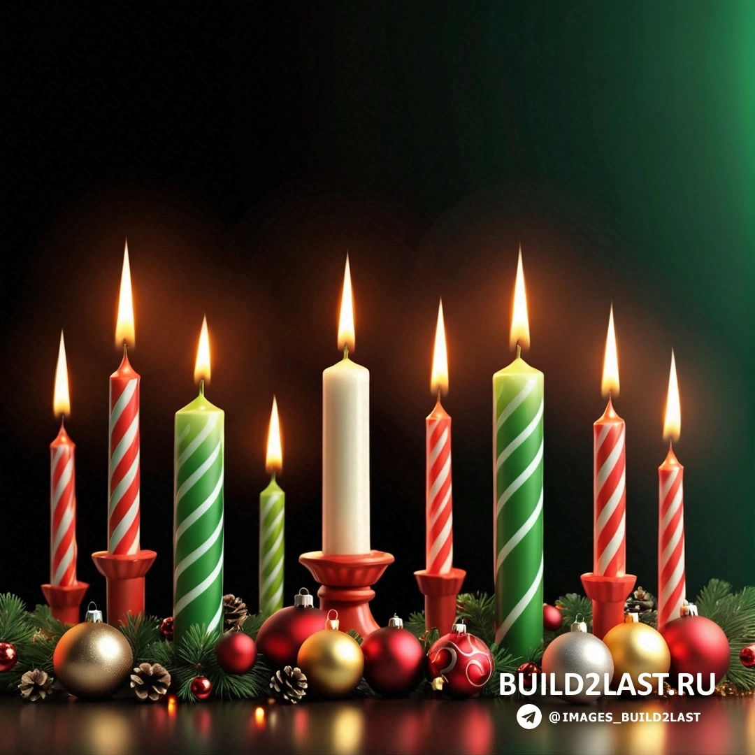 несколько свечей с рождественскими украшениями на столе с зеленым фоном