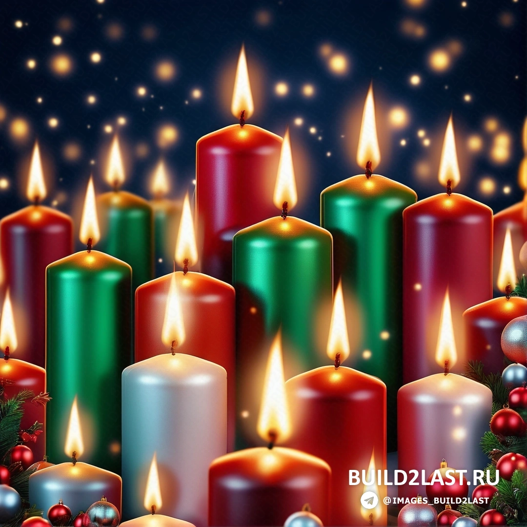 несколько зажженных свечей в окружении рождественских украшений и безделушек на темном фоне со звездами и снегом
