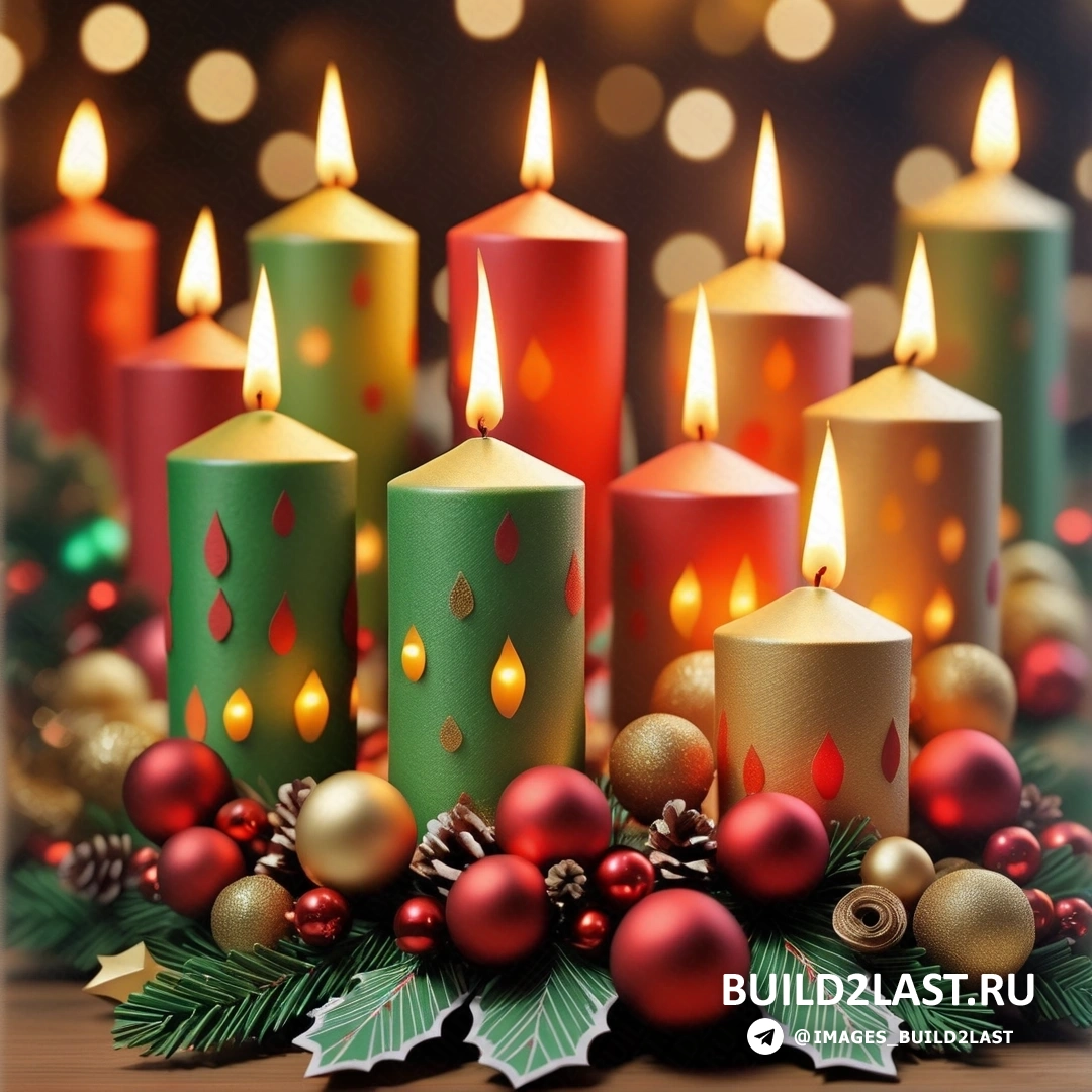 несколько зажженных свечей, на столе рядом с рождественскими украшениями