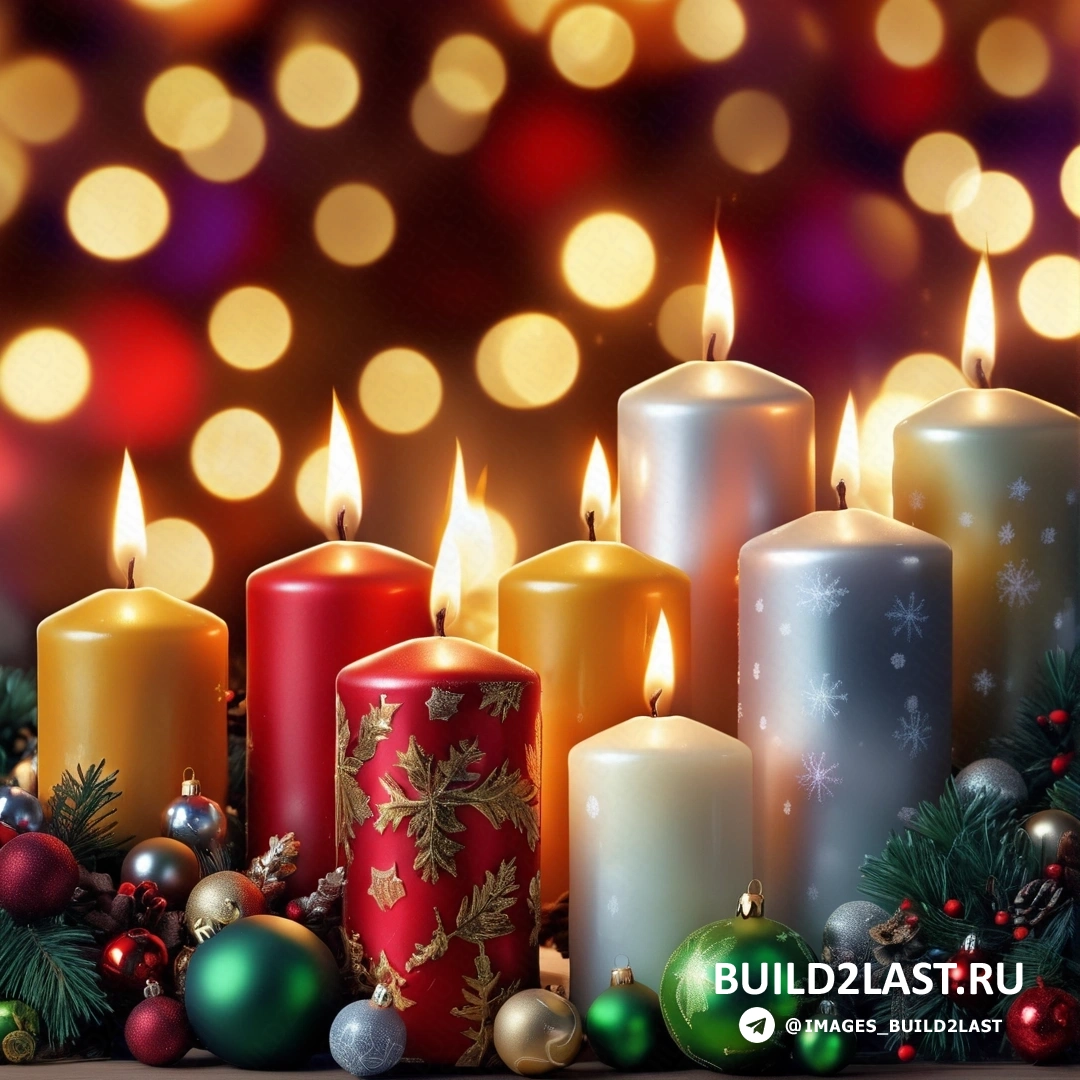 несколько зажженных свечей рядом с рождественскими украшениями и шарами на столешнице с огнями