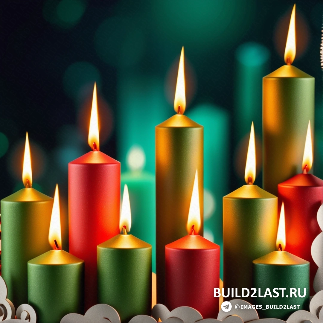 несколько зажженных свечей, стоящих рядом друг с другом на столе с зеленым фоном и белыми цветами