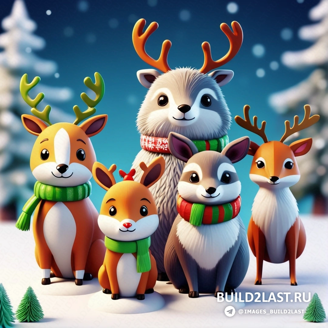 несколько животных, стоящих рядом друг с другом в снегу, с рождественской елкой и заснеженным небом