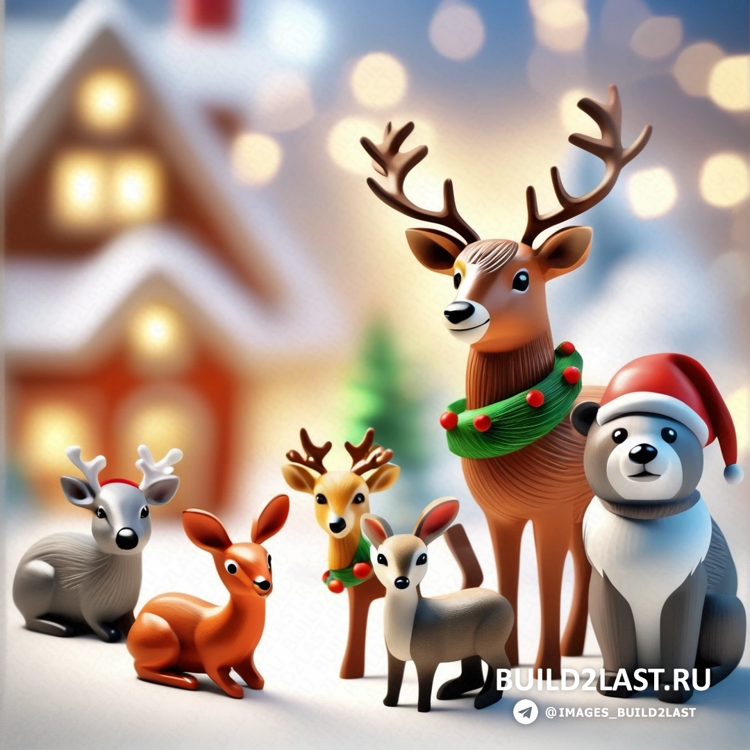 несколько животных, стоящих в снегу вместе с домом с включенным светом