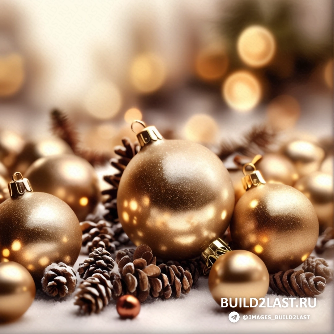 несколько золотых рождественских украшений, лежащих на заснеженной земле, с сосновыми шишками