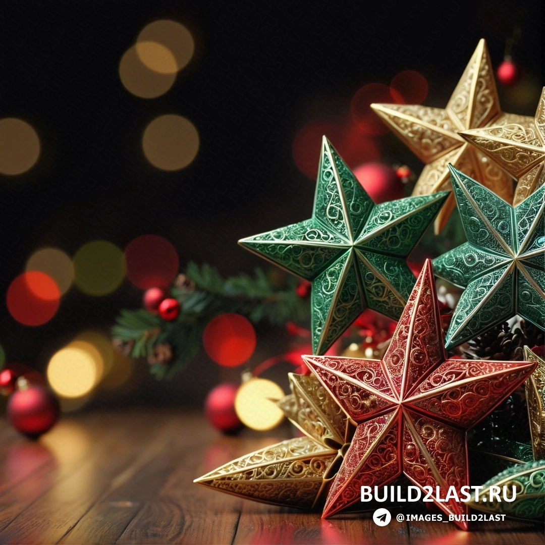 несколько звезд, на деревянном столе рядом с рождественскими украшениями и огнями