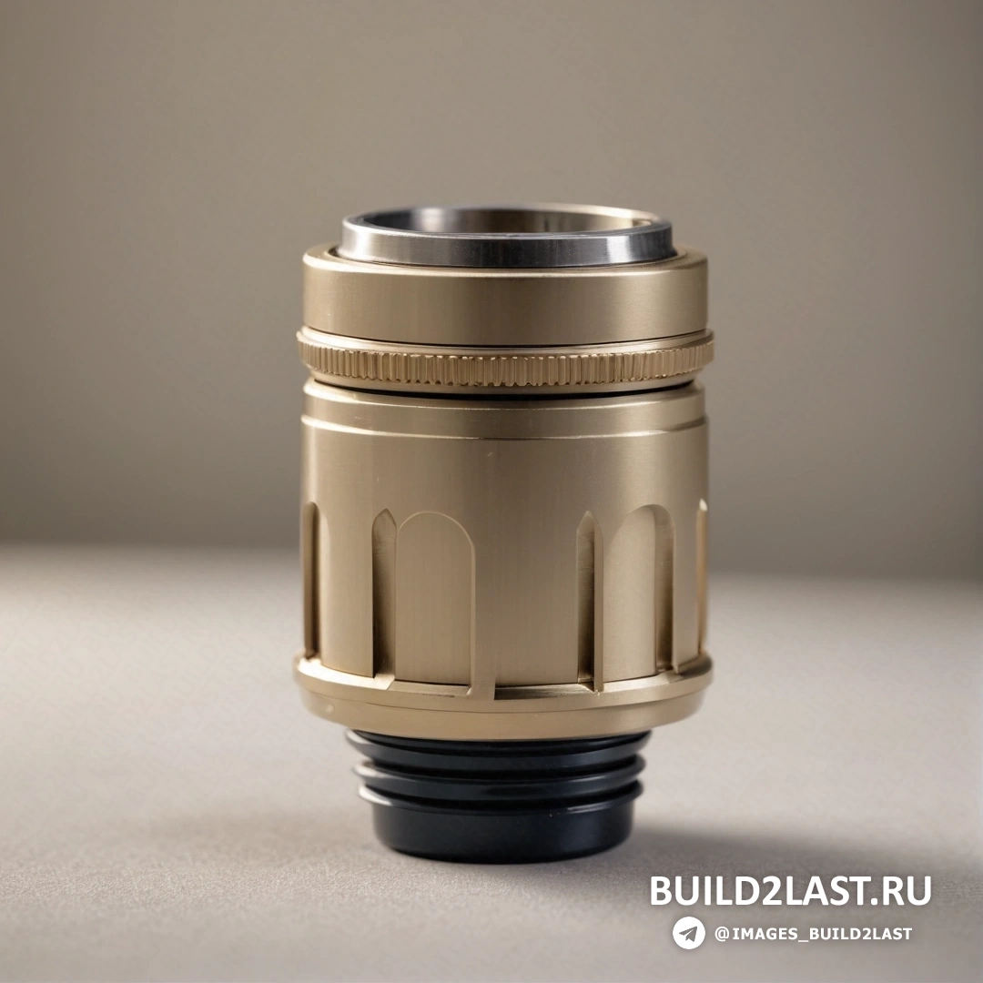 Фотореализм - фотография с наклоном и сдвигом. Объектив камеры золотого цвета на столе с белым фоном