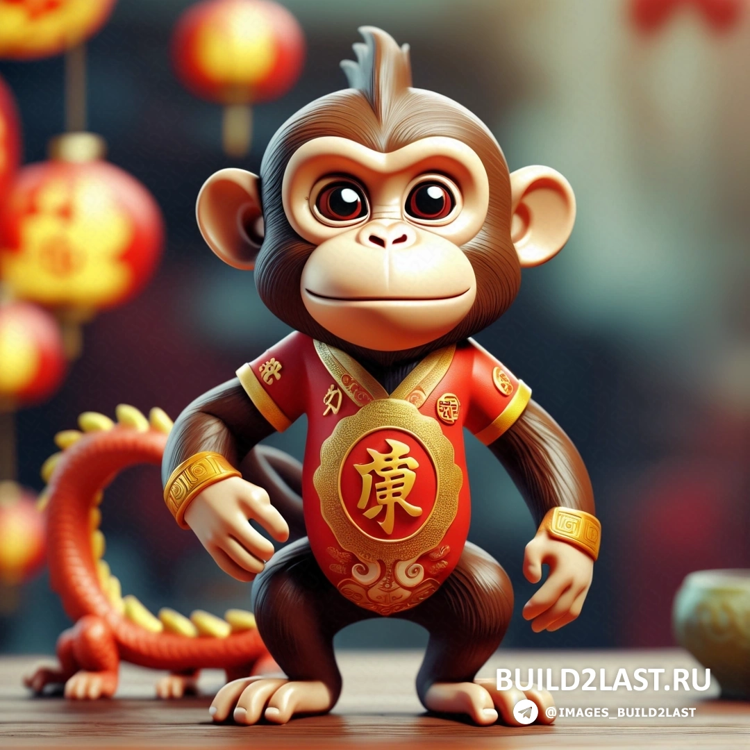 обезьяна с китайским символом на груди и дракон с красными фонарями