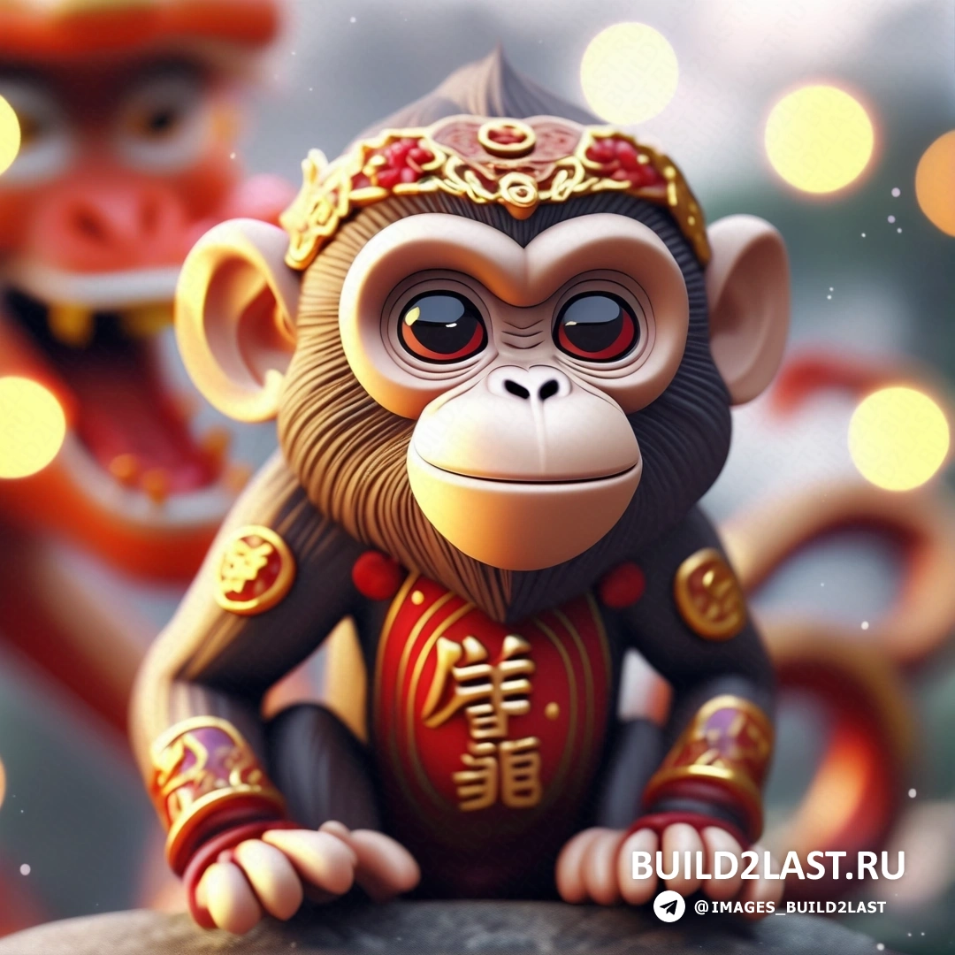 обезьяна в китайском головном уборе на камне с обезьяной и светом