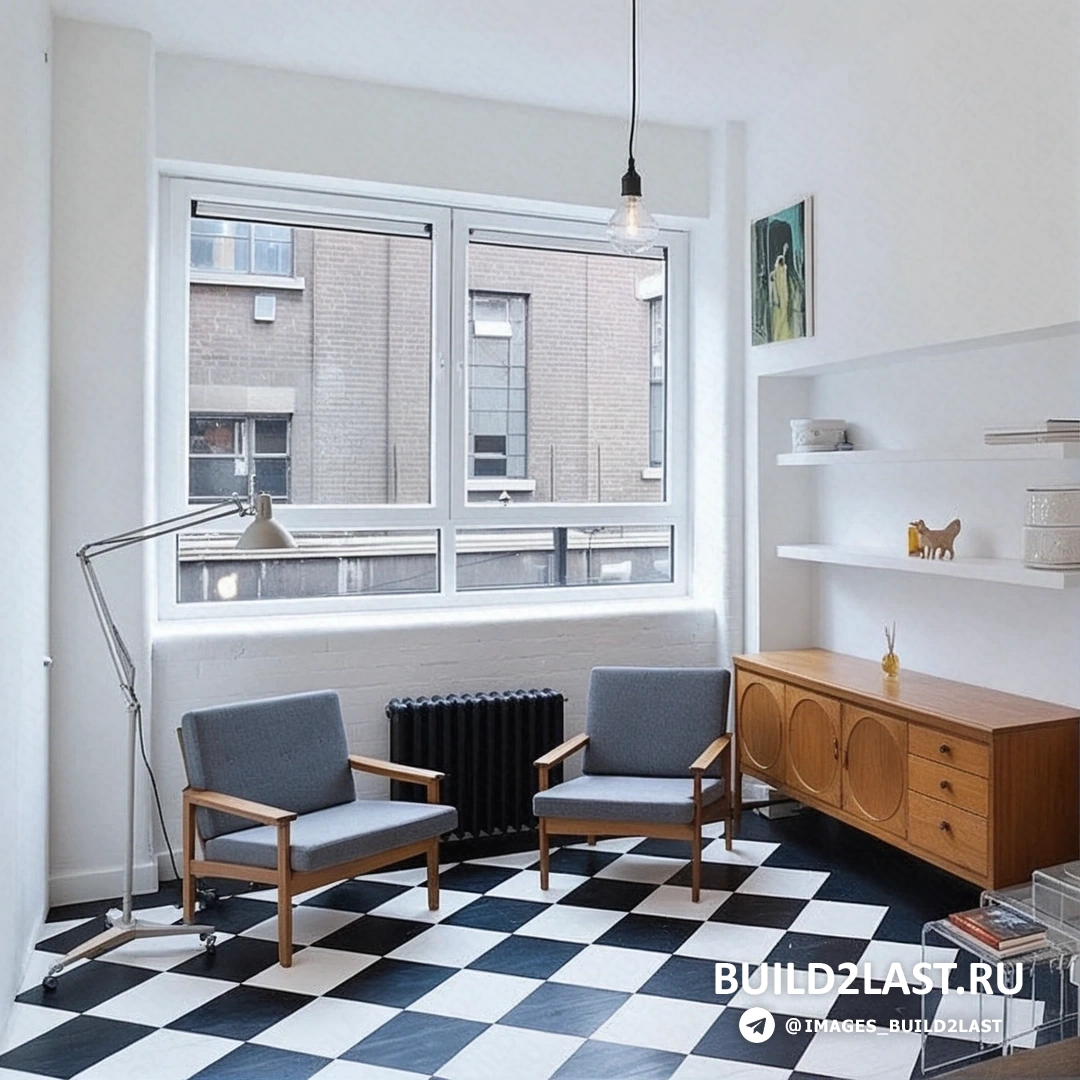 Общий вид студии с дизайнерской мебелью, выполненной из натуральных материалов