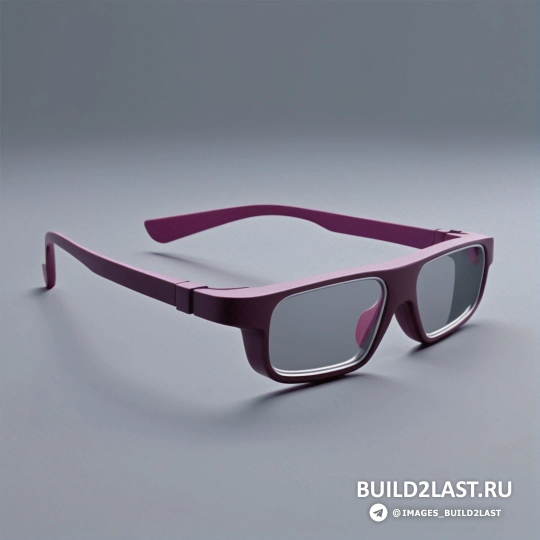 Голография - 3D рендер. Пара очков с фиолетовой оправой и серыми линзами на сером фоне.