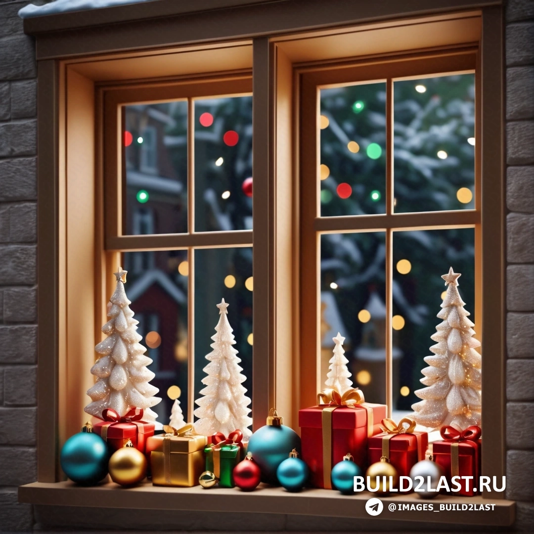 окно с елочными игрушками и подарками и елка на подоконнике