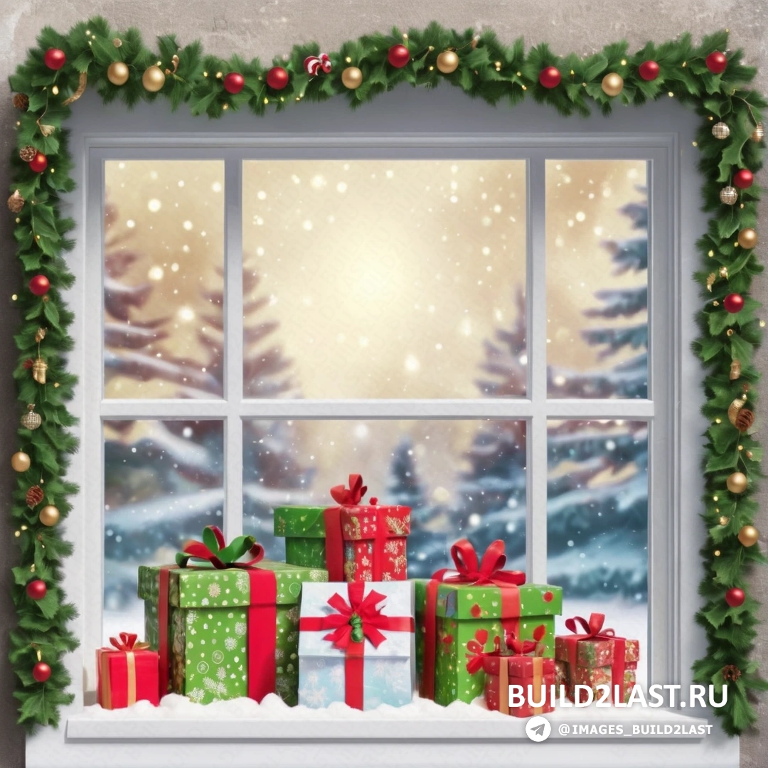 окно с подарками и рождественская елка за его пределами со снегом, падающим на землю, и гирляндой огней