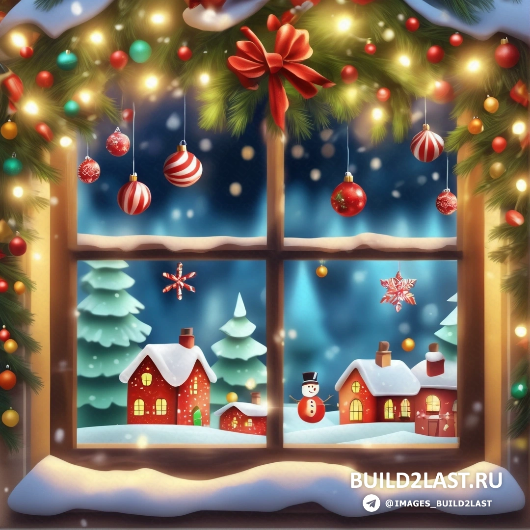 окно с рождественскими украшениями и огнями, и снеговик за окном, смотрит наружу