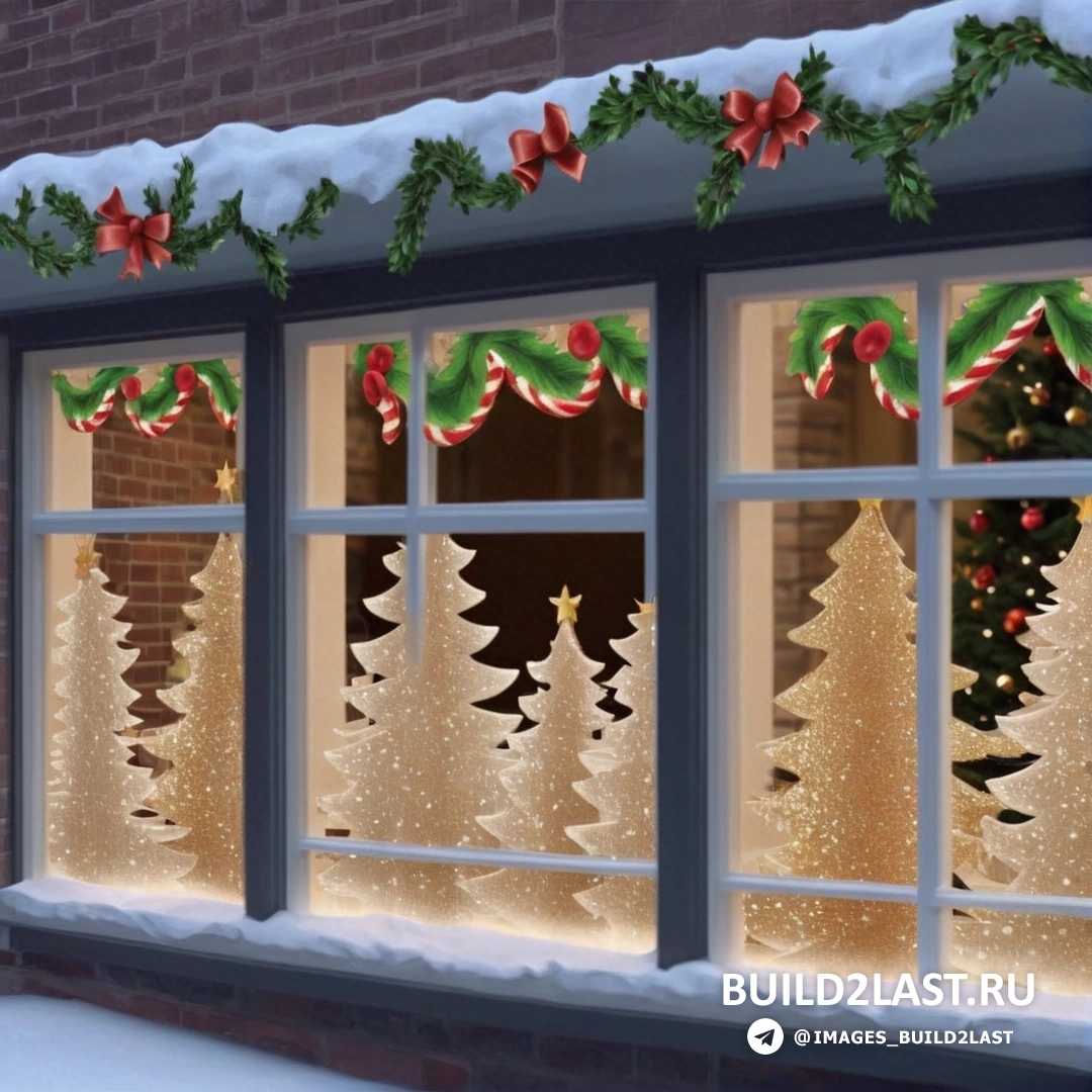 окно с рождественскими украшениями и огнями на подоконниках, заснеженная крыша и кирпичное здание