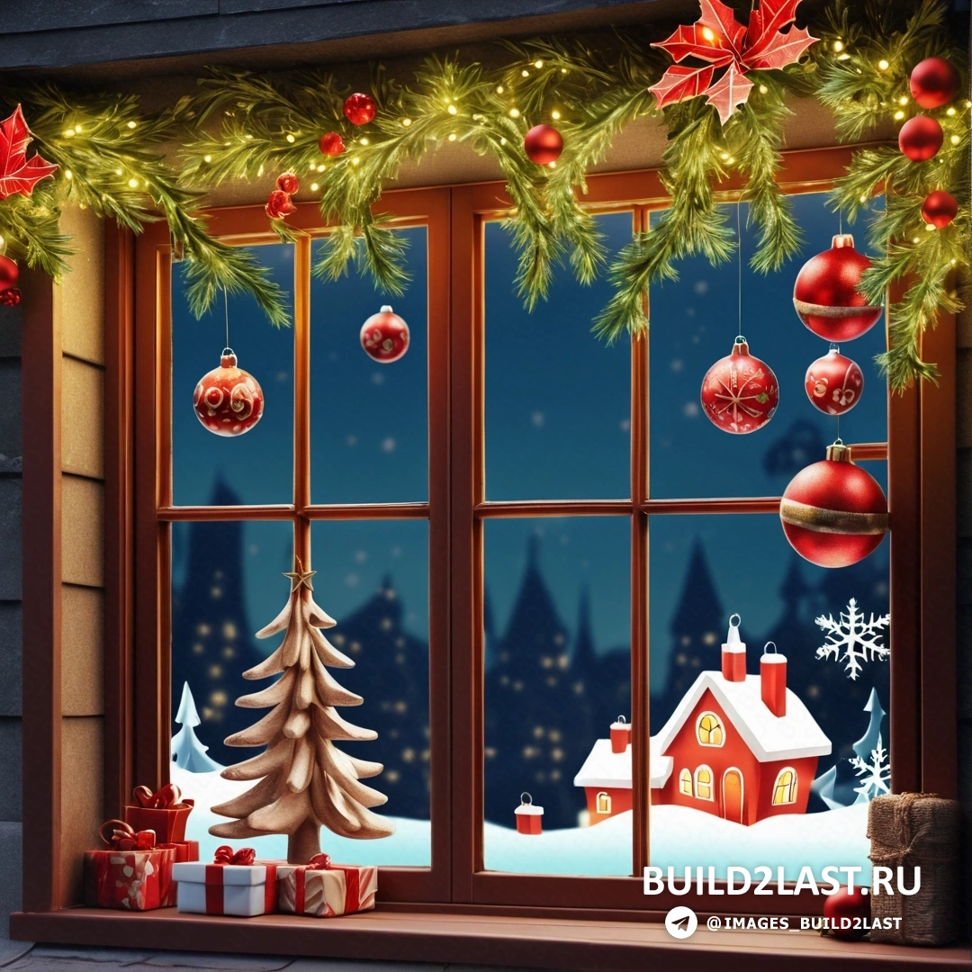 окно с рождественскими украшениями и рождественская елка за окном с освещенным подоконником