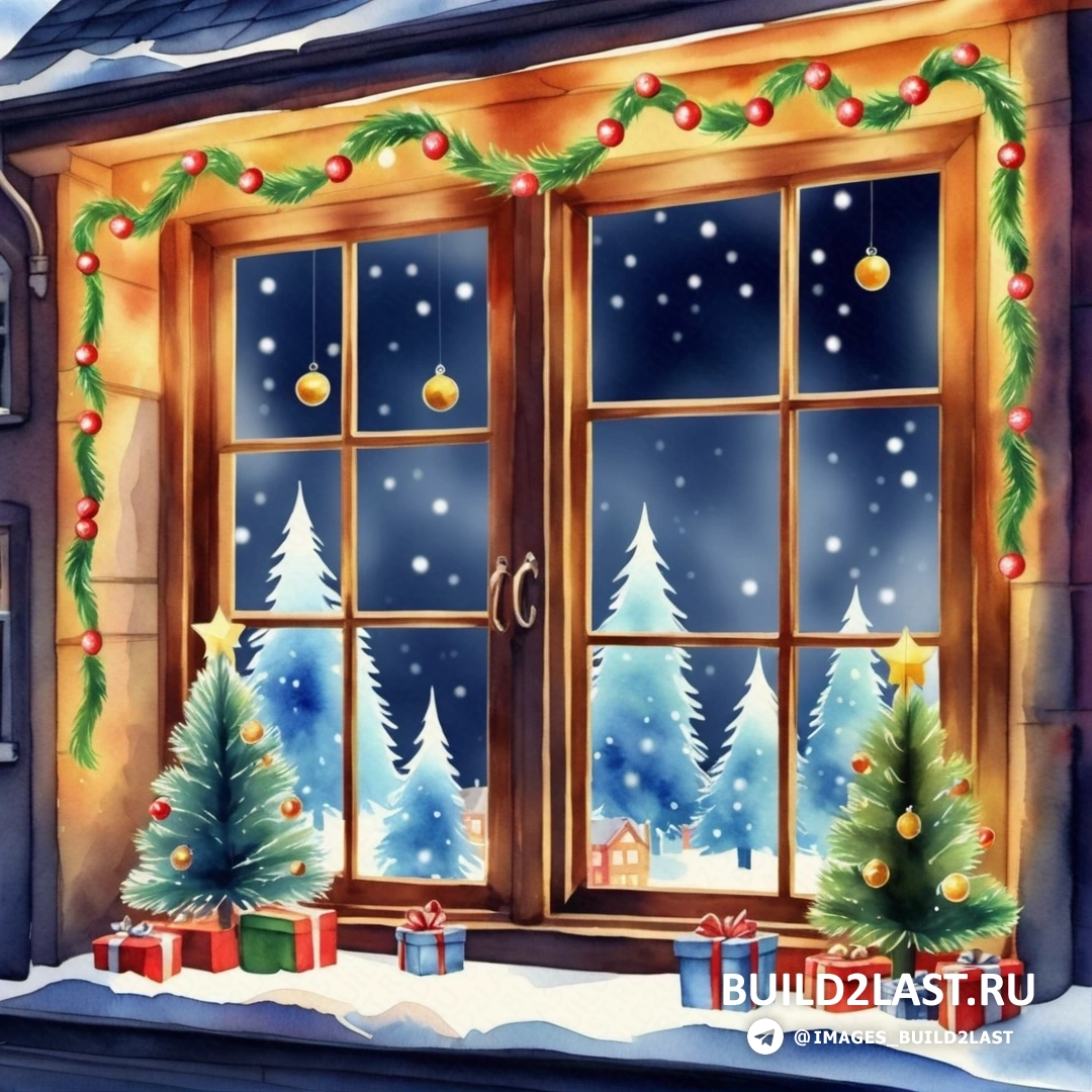 окно с рождественскими украшениями и подарками за его пределами в снегу в ночное время с зажженной елкой