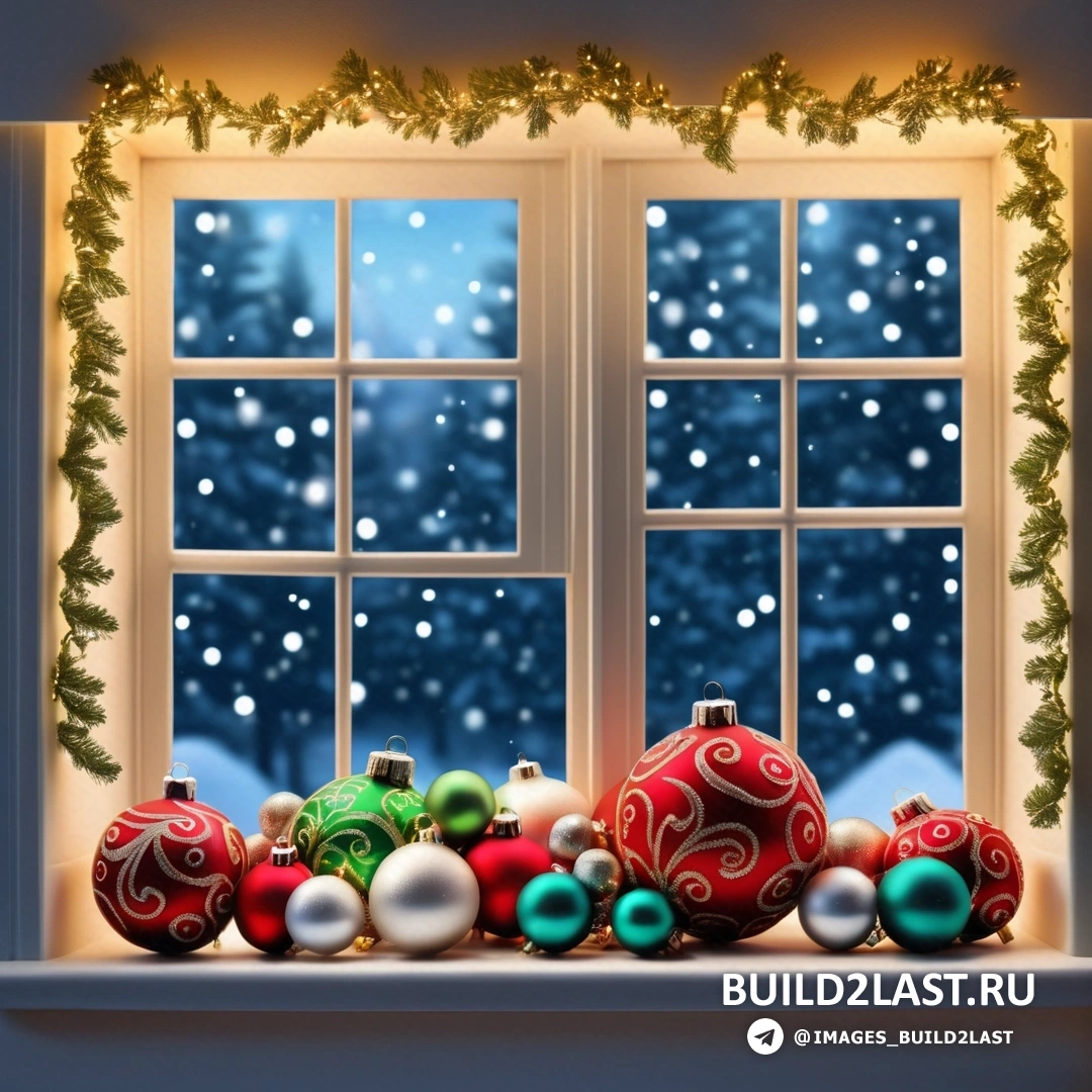 окно с рождественскими украшениями и гирляндой на подоконнике перед заснеженным окном
