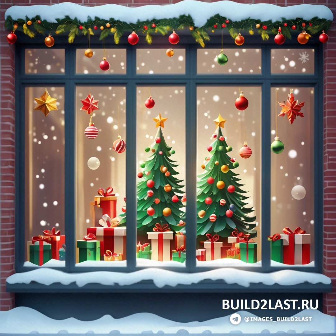окно с рождественскими украшениями и подарками и рождественская елка снаружи, со снегом