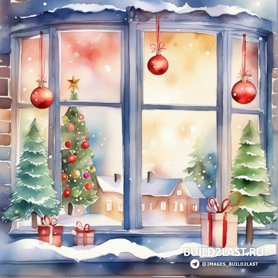 окно с рождественской елкой и подарками, заснеженный подоконник