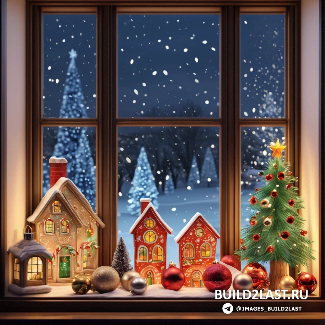 окно с рождественской сценой и освещенная елка на подоконнике и освещенный дом