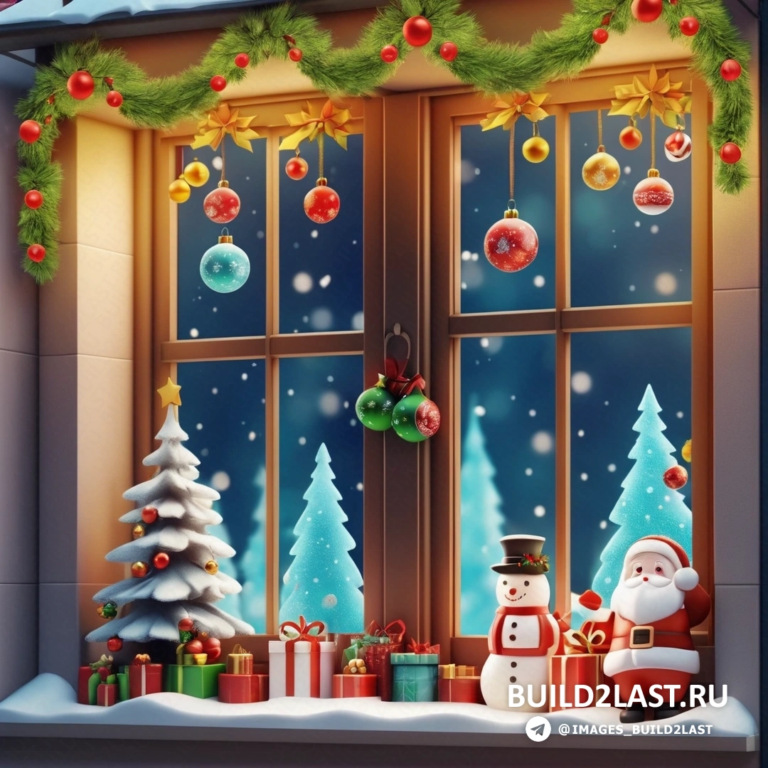 окно с рождественской сценой и дедом морозом и снеговиком перед ним и елкой